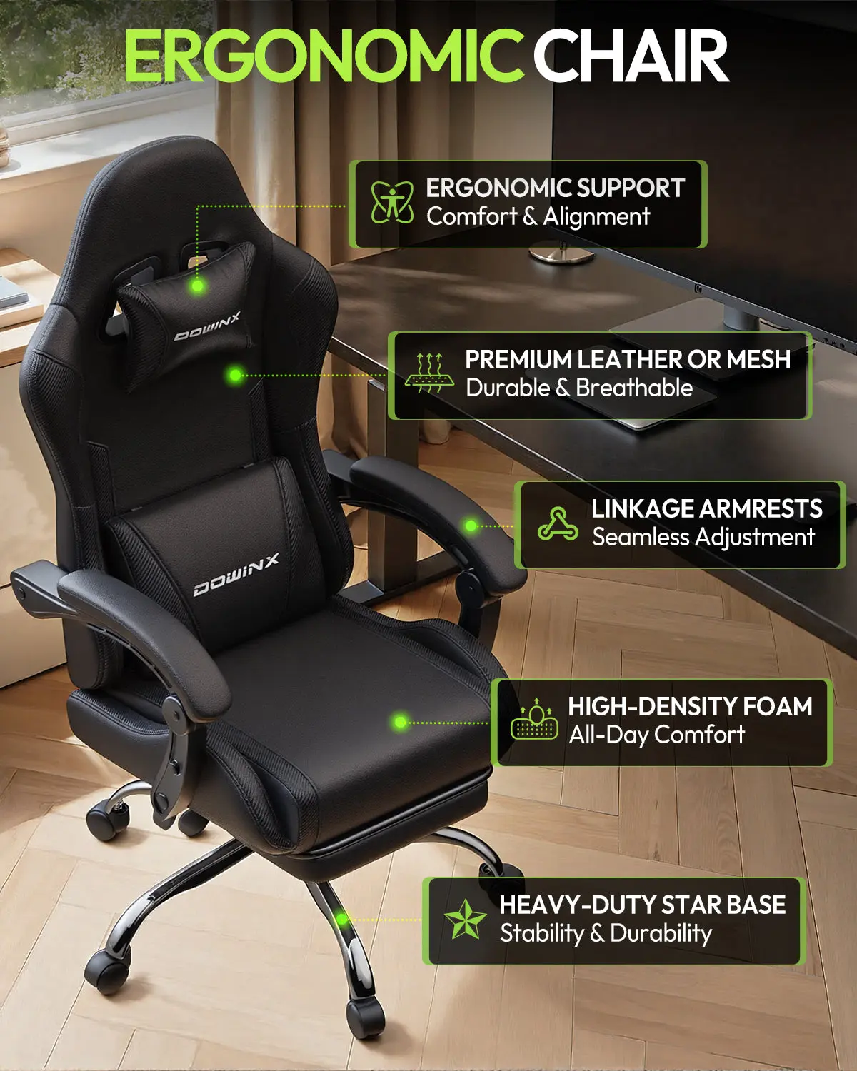 Dowinx Leather Gaming Chair LS-66D58J Black | AM - Image 4