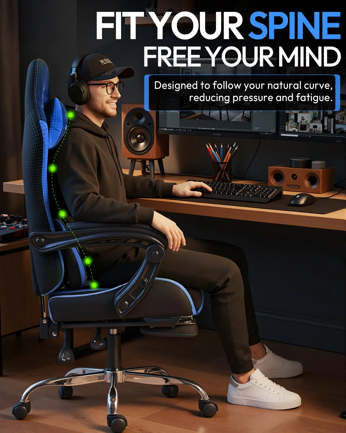 Dowinx Leather Gaming Chair LS-66D58J Black-Blue | AM - Image 3