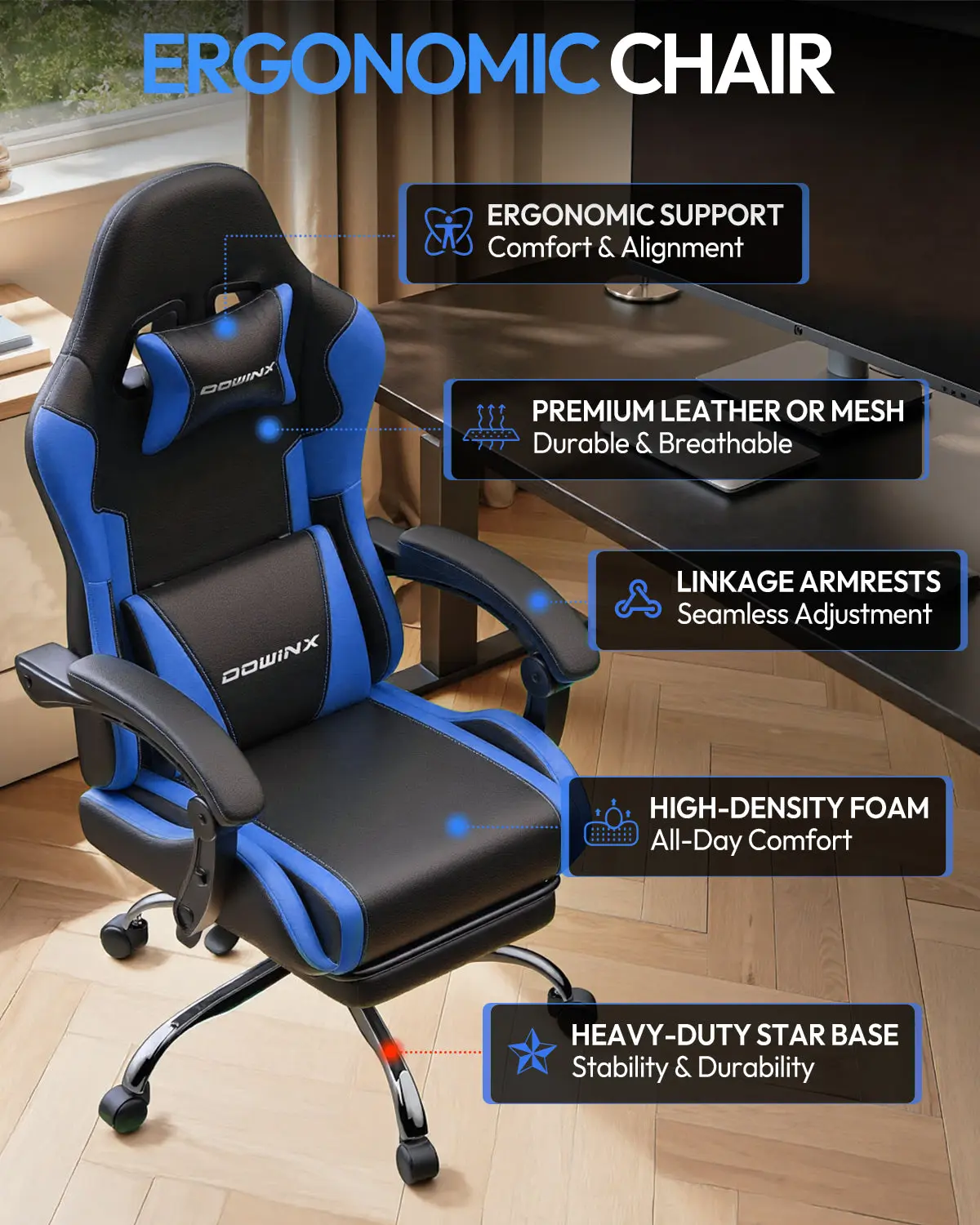Dowinx Leather Gaming Chair LS-66D58J Black-Blue | AM - Image 8