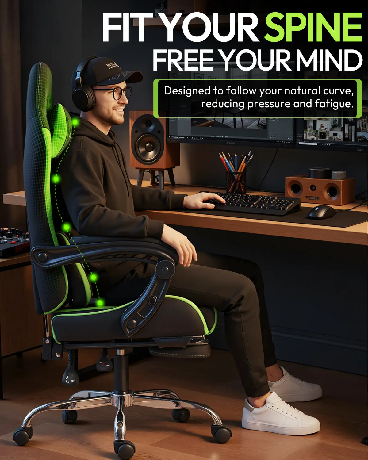 Dowinx Leather Gaming Chair LS-66D58J Black-Green - Image 2