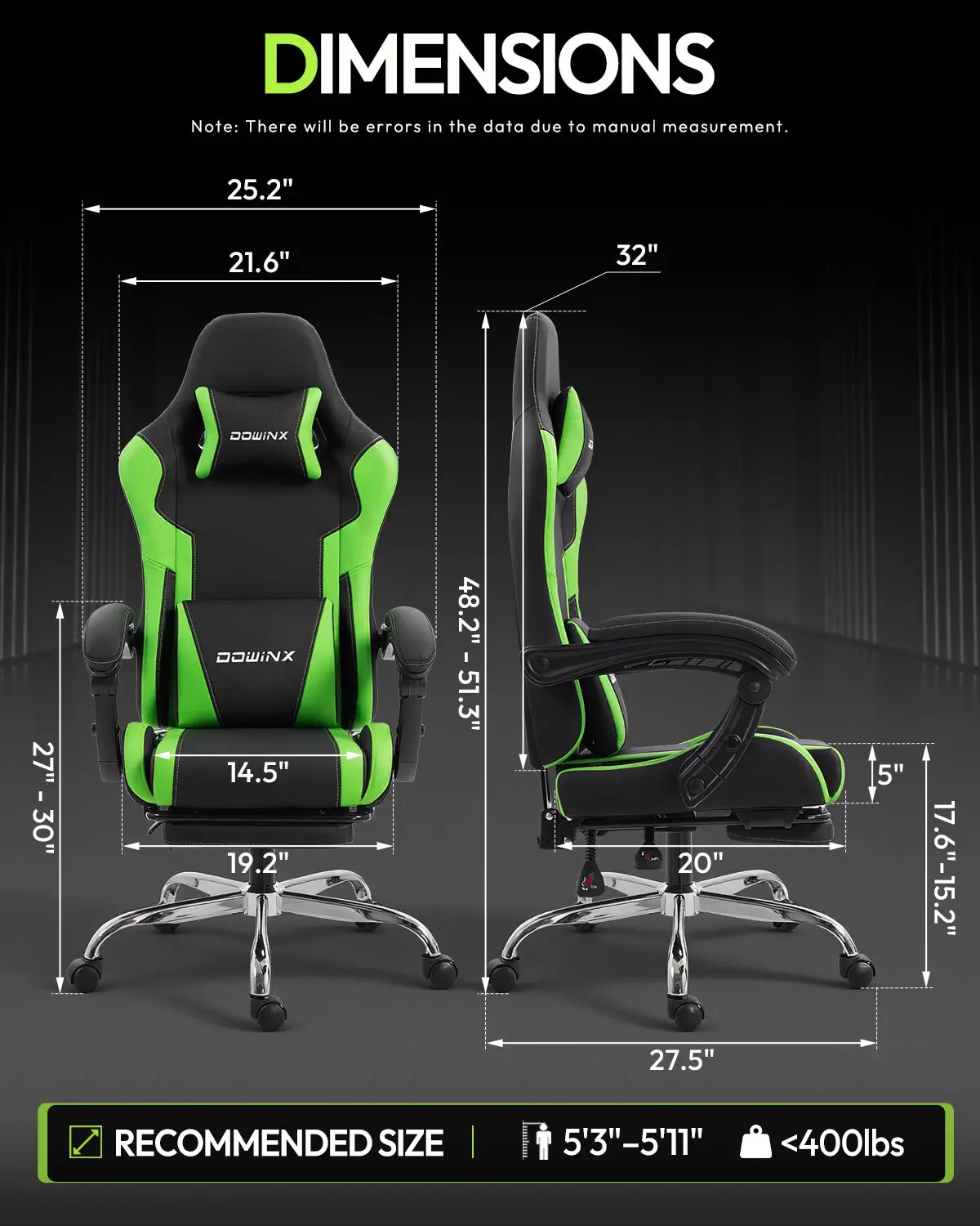 Dowinx Leather Gaming Chair LS-66D58J Black-Green - Image 3