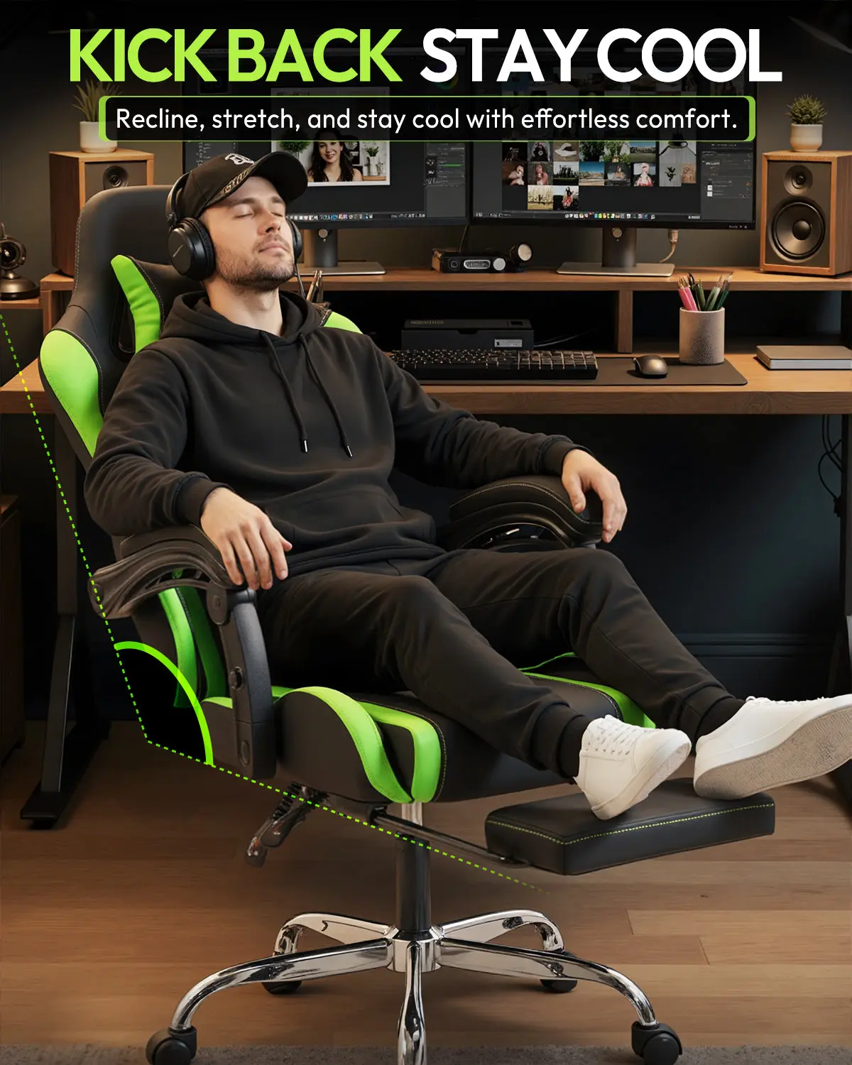 Dowinx Leather Gaming Chair LS-66D58J Black-Green - Image 5