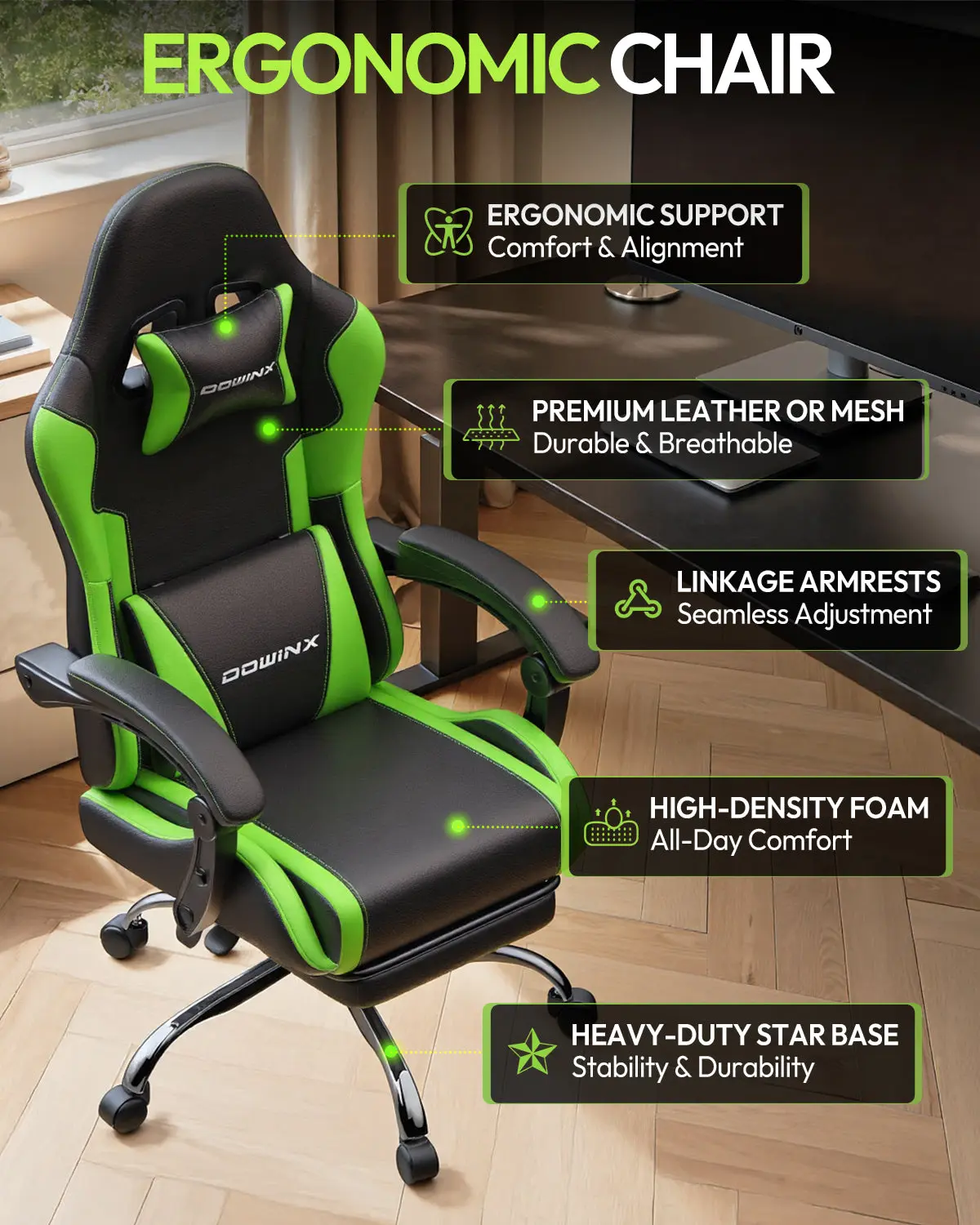 Dowinx Leather Gaming Chair LS-66D58J Black-Green - Image 6